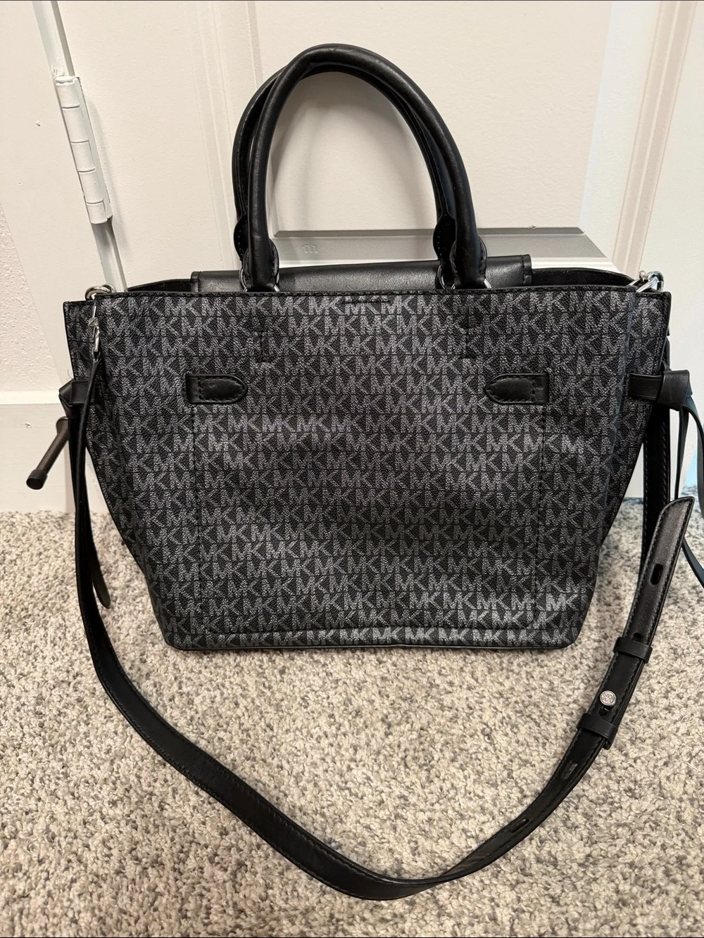 Michael Kors Black & Silver Signature Satchel with Stripe Detail